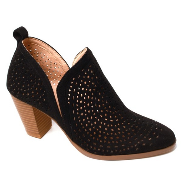 AMS Shoes - Black Suede Perforated Block Heel Bootie